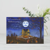 ハロウィンのパーティー、招待、魔法使い、月、悪魔、スカル 招待状 (スタンド正面)