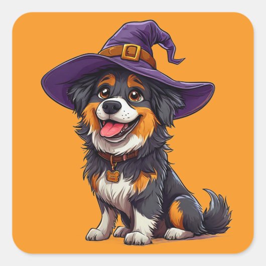 ハロウィンのパープルウィザードハットをかぶった面白い犬 スクエアシール (正面)