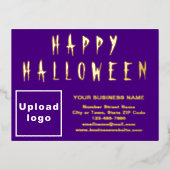 ハロウィンのパープルビジネスブランド 箔シーズンポストカード (正面)