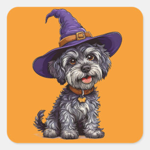 ハロウィンのパープルマジシャンハット子犬アート スクエアシール
