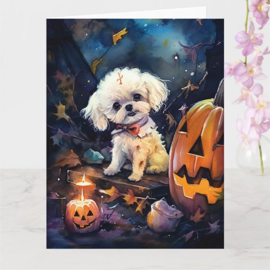ハロウィンのビションフリーゼとパンプキン 怖い カード (蘭)