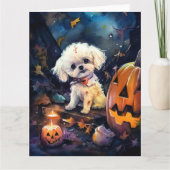 ハロウィンのビションフリーゼとパンプキン 怖い カード (正面)