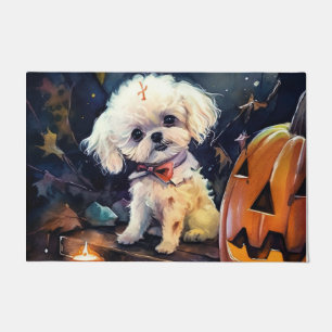 ハロウィンのビション・フリーゼとかぼちゃの怖いデザイン ドアマット