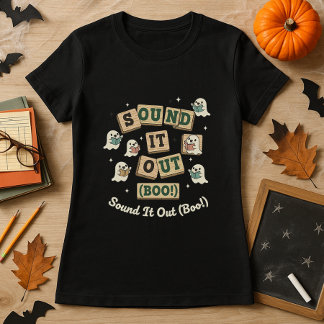 ハロウィンのフォニックス先生のサウンドイットアウトブー Tシャツ