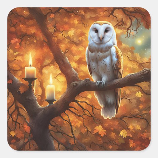 ハロウィンのフクロウと落ち葉のキャンドル スクエアシール (正面)