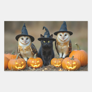 ハロウィンのフクロウと黒猫のジャック・オ・ランタン 長方形シール