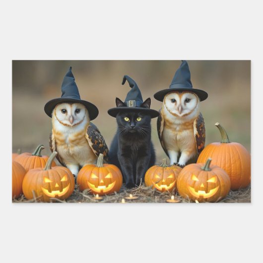 ハロウィンのフクロウと黒猫のジャック・オ・ランタン 長方形シール (正面)