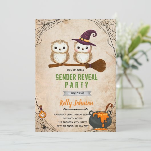 ハロウィンのフクロウ性別発表招待状 招待状 (スタンド正面)