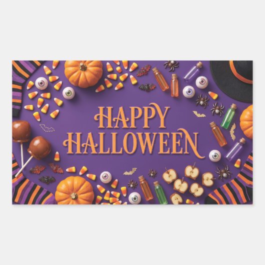 ハロウィンのフラットレイ・グリーティング（紫色の背景） 長方形シール (正面)