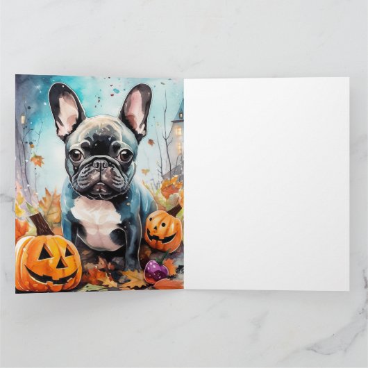 ハロウィンのフレンチブルドッグとカボチャの怖いデザイン カード (内部)