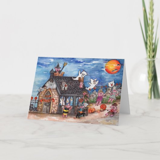 ハロウィンのブタのトリック・オア・トリートの幽霊の水彩画 シーズンカード (正面)