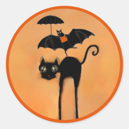 ハロウィンのブラックキャットとコウモリ ラウンドシール