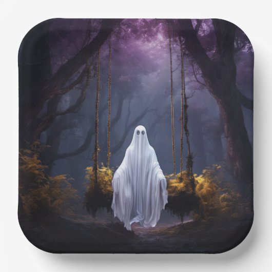 ハロウィンのブランコに揺れるお化け ペーパープレート (正面)