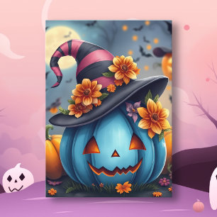 ハロウィンのブルーカボチャランタン カード