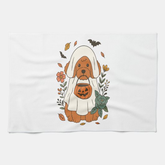 ハロウィンのプードルと秋の花 キッチンタオル (横)