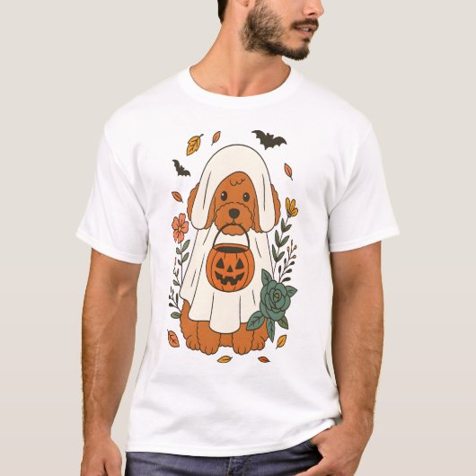 ハロウィンのプードルと秋の花 Tシャツ (正面)