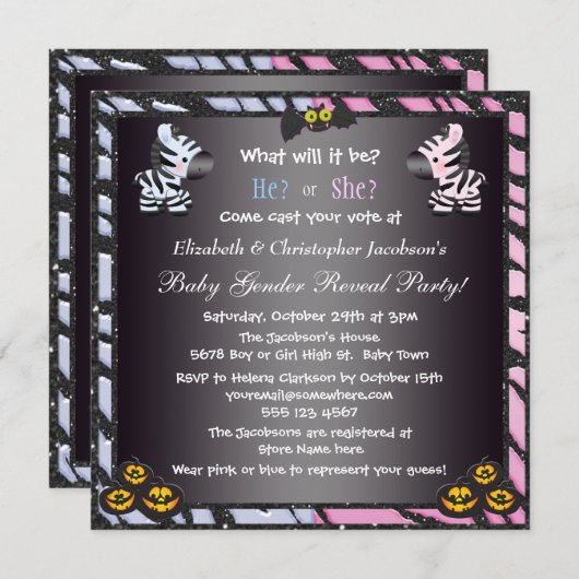 ハロウィンのベビーの性はシマウマ及びカボチャを明らかにします 招待状 (正面/裏面)