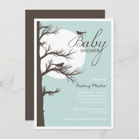 ハロウィンのベビーシャワーの茶色がかった鋼色の鳥の木の月 招待状 (正面/裏面)