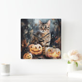 ハロウィンのベンガル猫とかぼちゃの怖いデザイン スクエア壁時計 (ホーム)