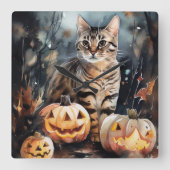 ハロウィンのベンガル猫とかぼちゃの怖いデザイン スクエア壁時計 (正面)