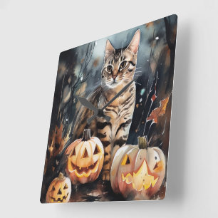 ハロウィンのベンガル猫とかぼちゃの怖いデザイン スクエア壁時計