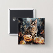 ハロウィンのベンガル猫とかぼちゃの怖いデザイン 缶バッジ (正面&裏面)