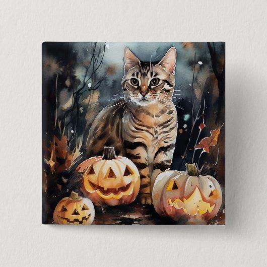 ハロウィンのベンガル猫とかぼちゃの怖いデザイン 缶バッジ (正面)