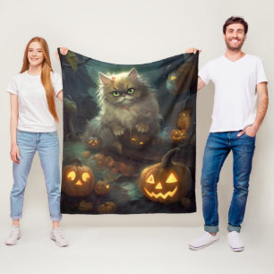 ハロウィンのペルシャ猫とかぼちゃの怖いデザイン フリースブランケット