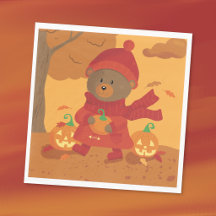 ハロウィンのペーパーナプキン かぼちゃを持つ秋のクマ