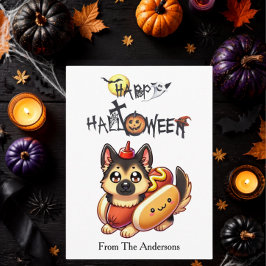 ハロウィンのホットドッグの格好をした犬の子供の面白いデザイン ポストカード