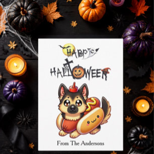 ハロウィンのホットドッグの格好をした犬の子供の面白いデザイン ポストカード