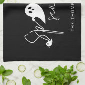 ハロウィンのホワイトゴーストと「Spooky Season」テキスト キッチンタオル (折り畳み)