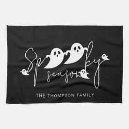 ハロウィンのホワイトゴーストと「Spooky Season」テキスト キッチンタオル