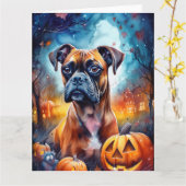 ハロウィンのボクサー犬とカボチャの怖いデザイン カード (黄色い花)