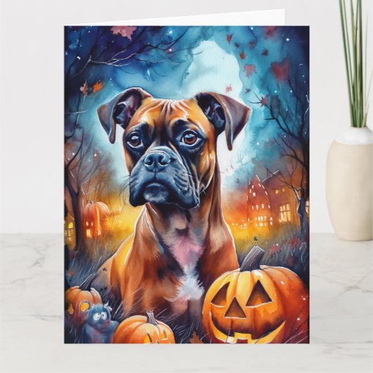 ハロウィンのボクサー犬とカボチャの怖いデザイン カード (正面)