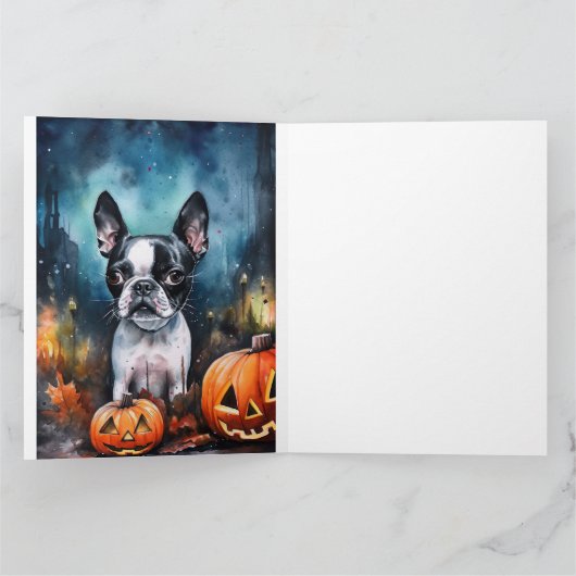 ハロウィンのボストンテリアとカボチャの怖い絵 カード (内部)