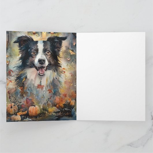 ハロウィンのボーダーコリーとカボチャの怖いデザイン カード (内部)