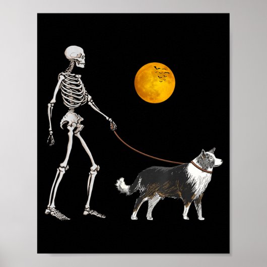 ハロウィンのボーダーコリー骸骨犬の散歩 ポスター (正面)