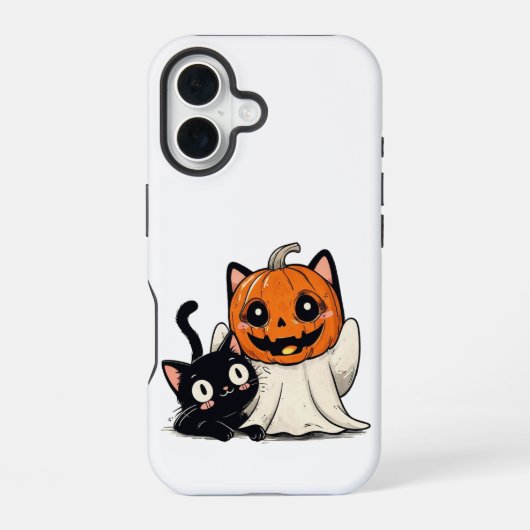 ハロウィンのマスクをつけた幽霊と黒猫 iPhone 16ケース (裏面)