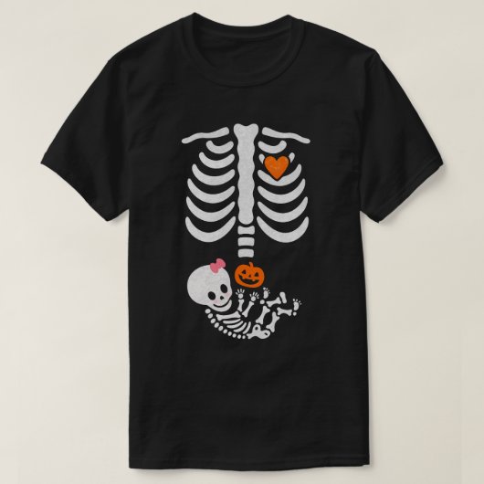 ハロウィンのマタニティー スケルトンのリブケージと赤ちゃん女の子 Tシャツ (デザイン正面)