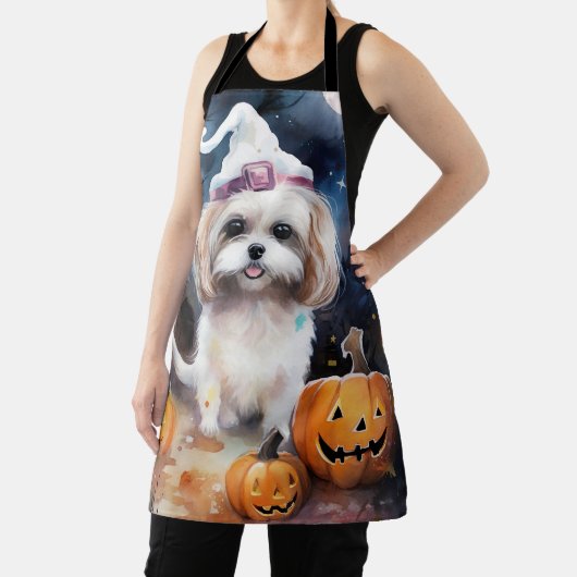 ハロウィンのマルチーズ+ツー+かぼちゃの怖いデザイン エプロン (インサイチュ)