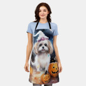 ハロウィンのマルチーズ+ツー+かぼちゃの怖いデザイン エプロン (着用した状態)