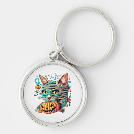 ハロウィンのミイラ猫が可愛い キーホルダー (正面)