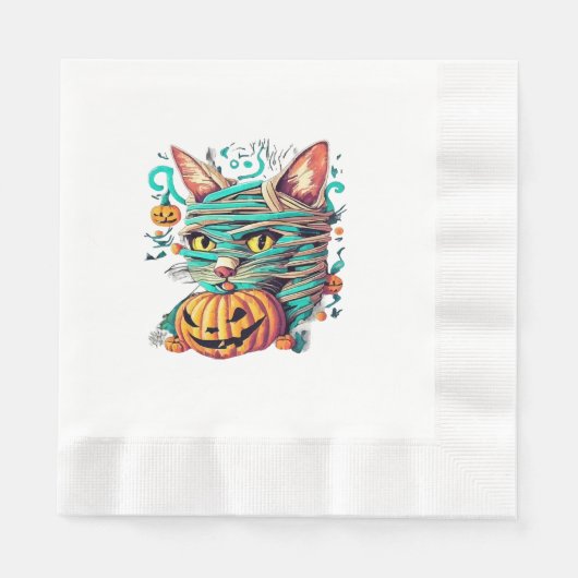 ハロウィンのミイラ猫が可愛い 縁ありランチョンナプキン (正面)