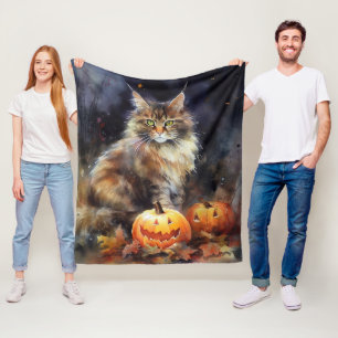 ハロウィンのメインクーン 猫とカボチャのかわいい怖いデザイン フリースブランケット