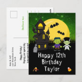 ハロウィンのモンスター 緑 楽しい誕生日 ポストカード (正面/裏面)