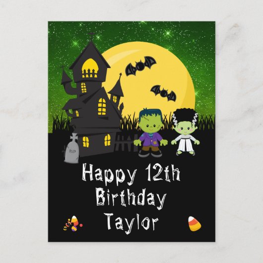 ハロウィンのモンスター 緑 楽しい誕生日 ポストカード (正面)
