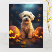 ハロウィンのヨーキプーとカボチャの怖いデザイン カード (黄色い花)
