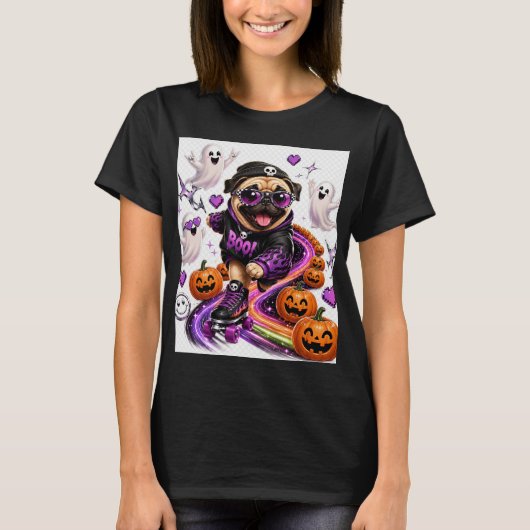 ハロウィンのローラースケートに乗ったパグの犬 Tシャツ (正面)