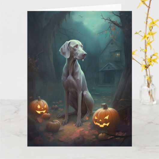 ハロウィンのヴァイマラナーとカボチャの怖いデザイン カード (黄色い花)
